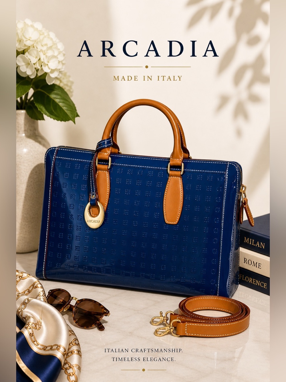 Arcadia Italy Patent Leather Structured Satchel Navy Tan Large Tote